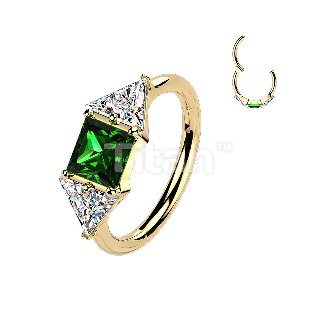 Titanium Hinged Segment Hoop Ring With Green Square CZ and Triangle CZ Ends - Image 3