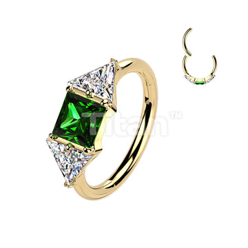 Titanium Hinged Segment Hoop Ring With Green Square CZ and Triangle CZ Ends - Image 3
