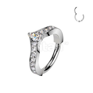 Titanium Hinged Segment Pave CZ Chevron Hoop Ring With Centered Pear CZ - Image 2