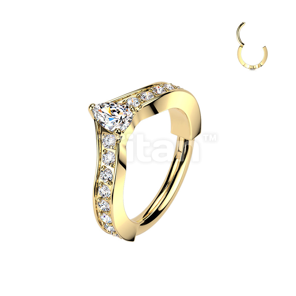 Titanium Hinged Segment Pave CZ Chevron Hoop Ring With Centered Pear CZ - Image 3