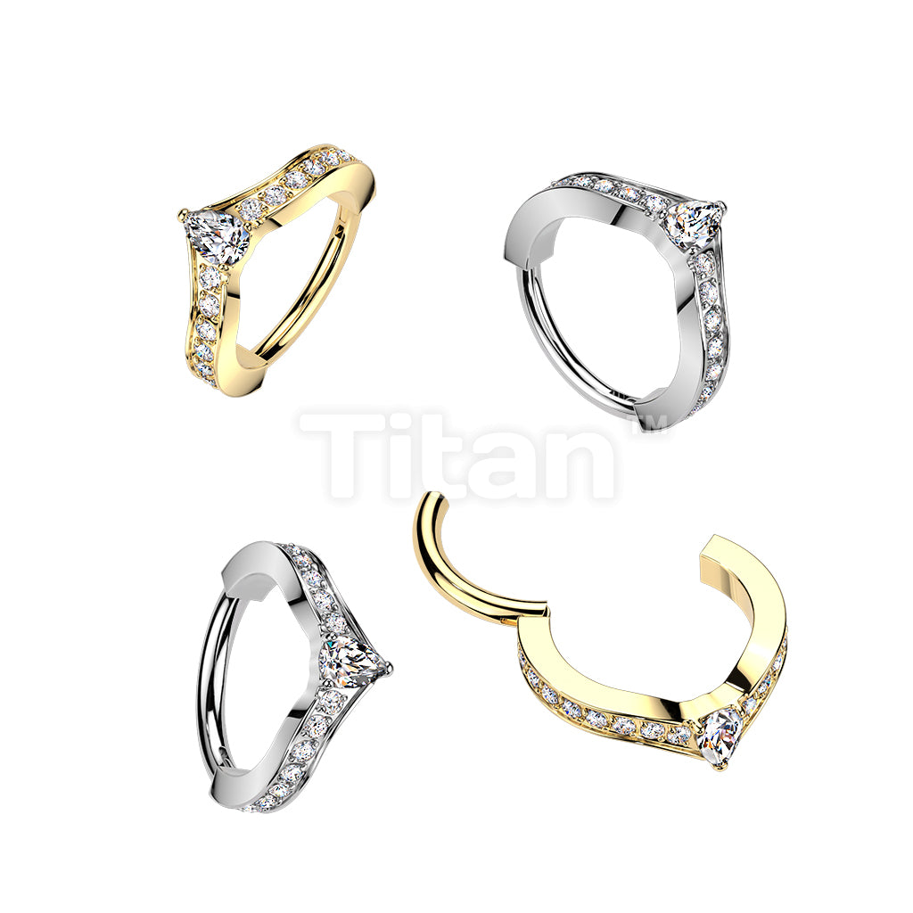 Titanium Hinged Segment Pave CZ Chevron Hoop Ring With Centered Pear CZ