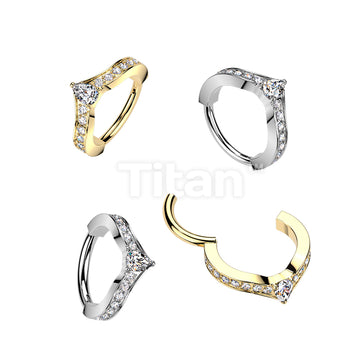 Titanium Hinged Segment Pave CZ Chevron Hoop Ring With Centered Pear CZ