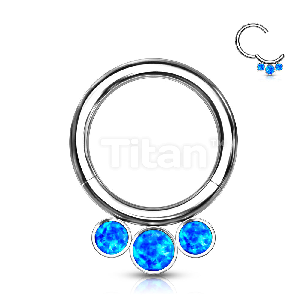 Implant Grade Titanium Hinged Segment Hoop Ring With 3 Bezel Set Forward Facing Opals - Image 3