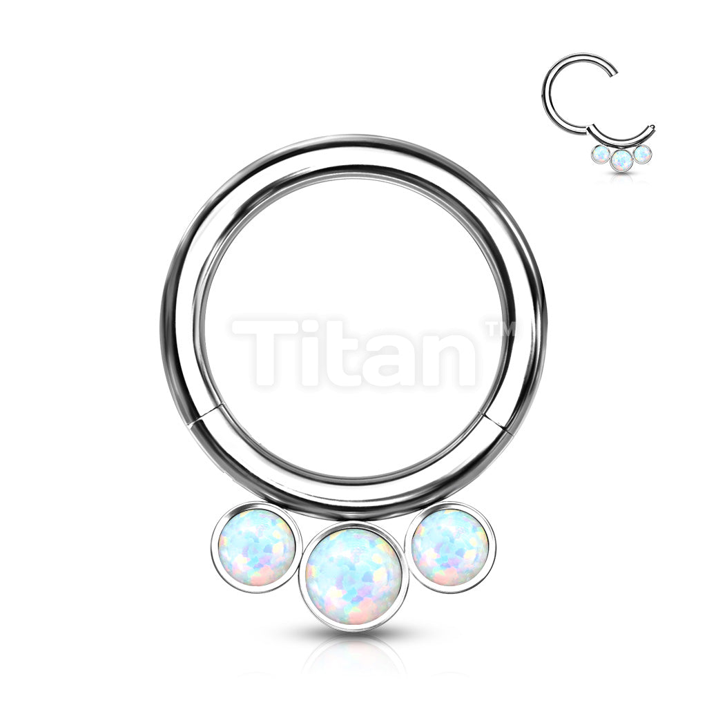 Implant Grade Titanium Hinged Segment Hoop Ring With 3 Bezel Set Forward Facing Opals - Image 4