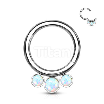 Implant Grade Titanium Hinged Segment Hoop Ring With 3 Bezel Set Forward Facing Opals - Image 4