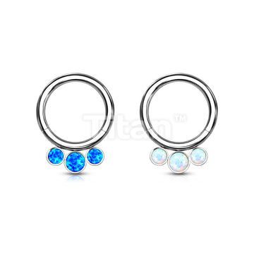 Implant Grade Titanium Hinged Segment Hoop Ring With 3 Bezel Set Forward Facing Opals - Image 5