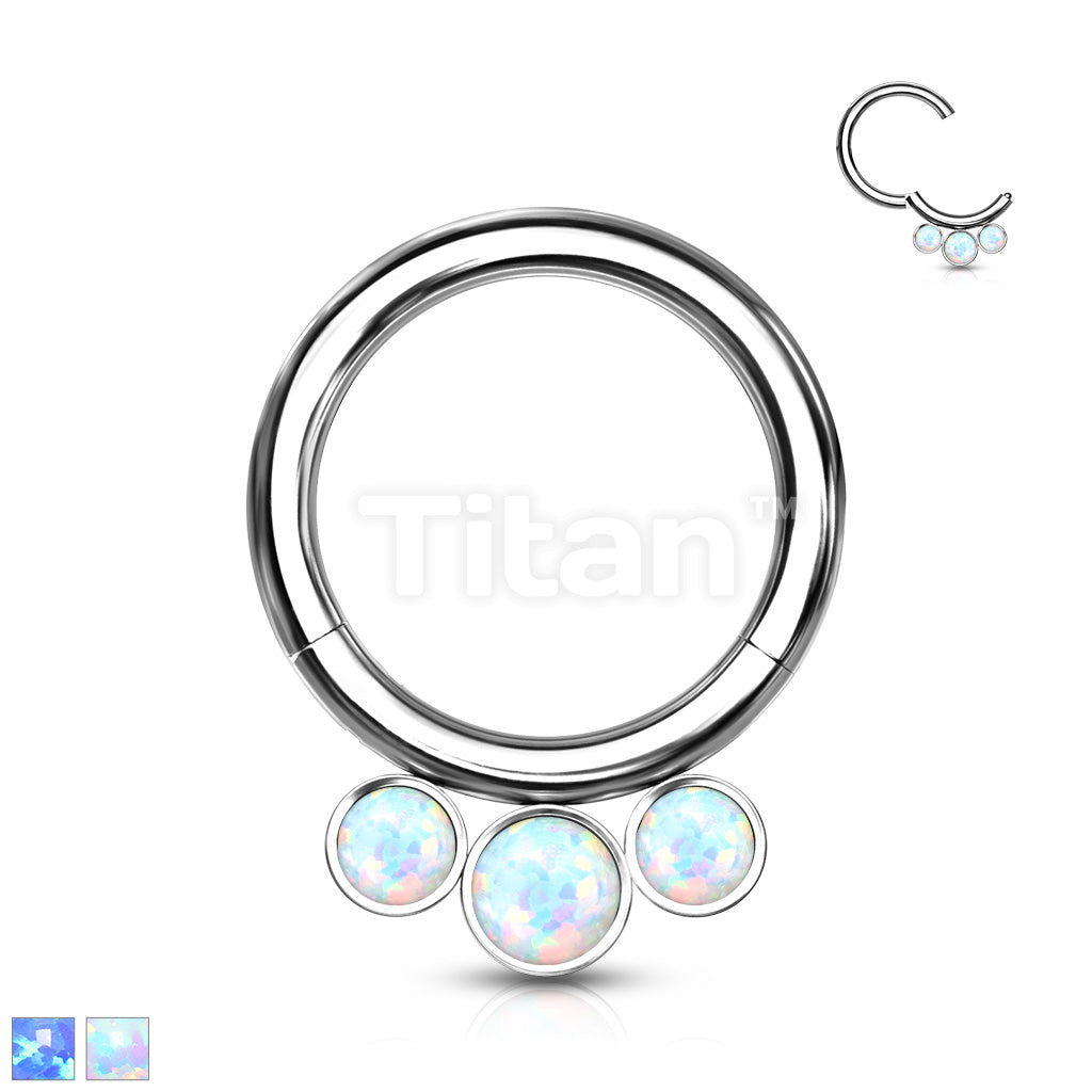 Implant Grade Titanium Hinged Segment Hoop Ring With 3 Bezel Set Forward Facing Opals - Image 2
