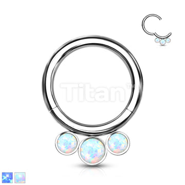 Implant Grade Titanium Hinged Segment Hoop Ring With 3 Bezel Set Forward Facing Opals - Image 2
