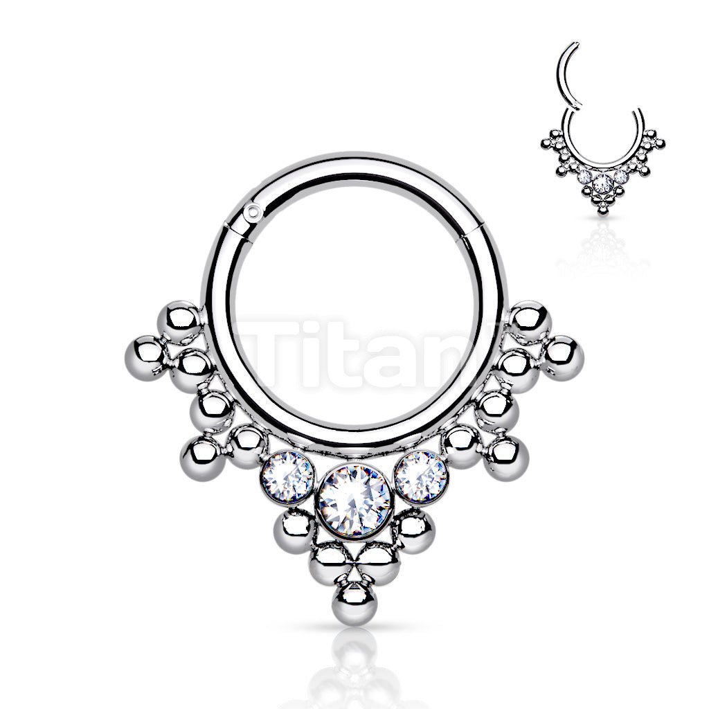 Implant Grade Titanium Hinged Segment Hoop Ring With 3 Bezel Set Crystals and Clustered Tribal Beads - Image 2