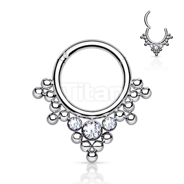 Implant Grade Titanium Hinged Segment Hoop Ring With 3 Bezel Set Crystals and Clustered Tribal Beads - Image 2
