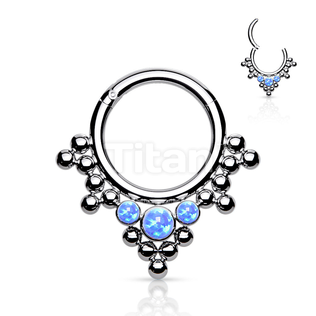 Implant Grade Titanium Hinged Segment Hoop Ring With 3 Bezel Set Opals and Clustered Tribal Beads - Image 3