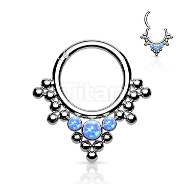 Implant Grade Titanium Hinged Segment Hoop Ring With 3 Bezel Set Opals and Clustered Tribal Beads - Image 3