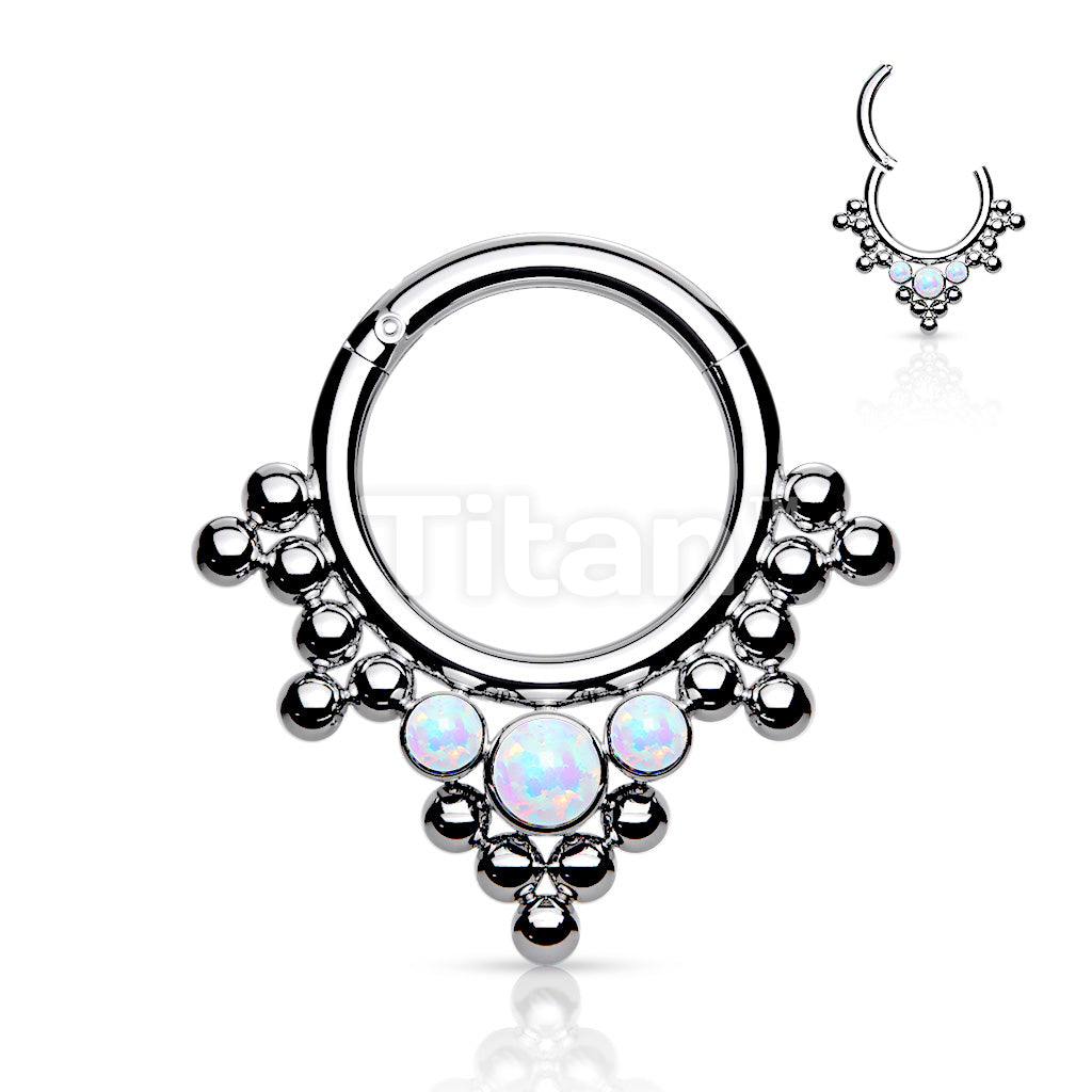 Implant Grade Titanium Hinged Segment Hoop Ring With 3 Bezel Set Opals and Clustered Tribal Beads - Image 4