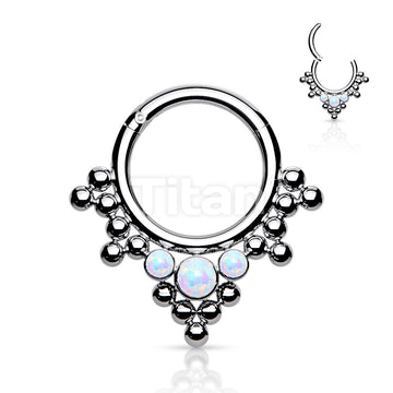 Implant Grade Titanium Hinged Segment Hoop Ring With 3 Bezel Set Opals and Clustered Tribal Beads - Image 4