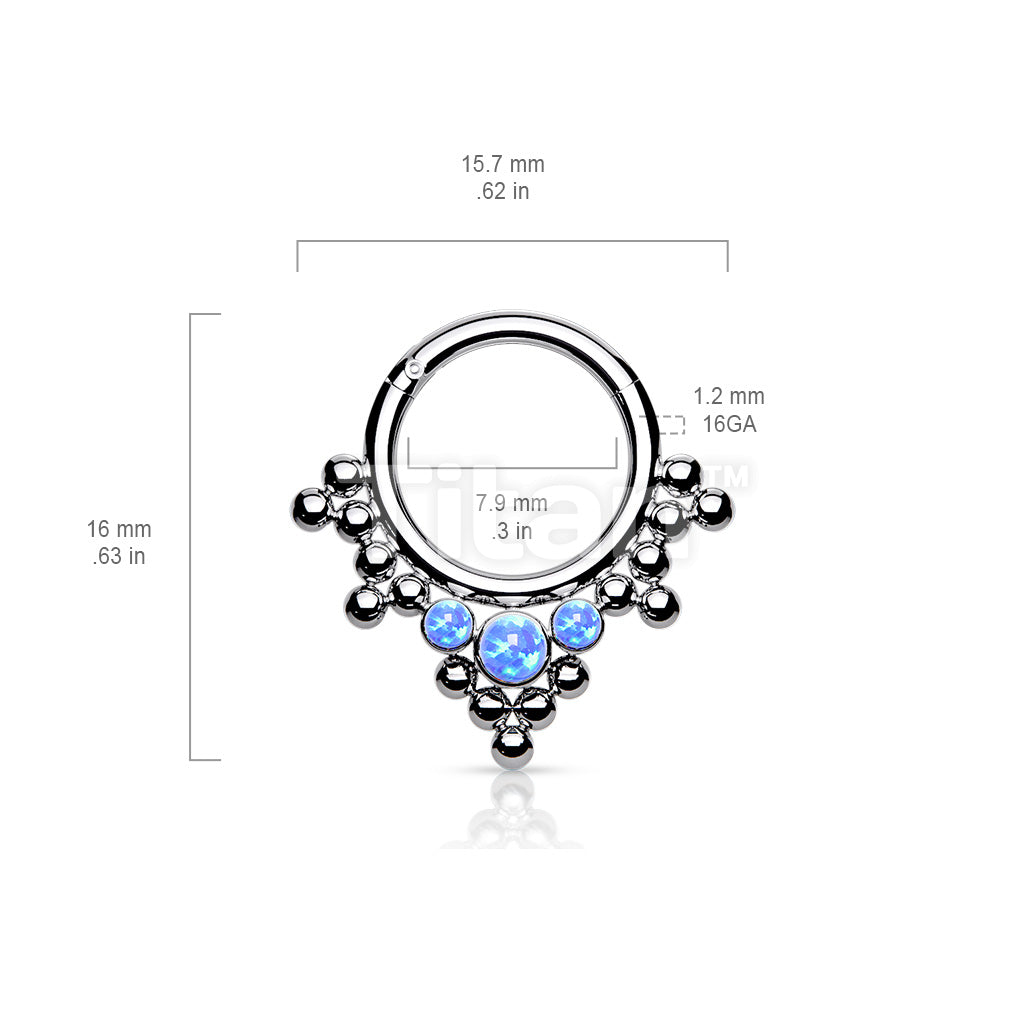 Implant Grade Titanium Hinged Segment Hoop Ring With 3 Bezel Set Opals and Clustered Tribal Beads - Image 5