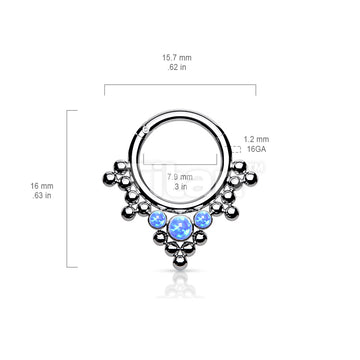 Implant Grade Titanium Hinged Segment Hoop Ring With 3 Bezel Set Opals and Clustered Tribal Beads - Image 5