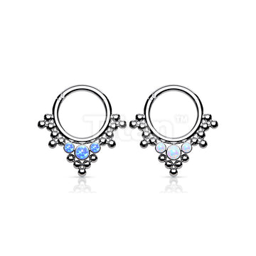 Implant Grade Titanium Hinged Segment Hoop Ring With 3 Bezel Set Opals and Clustered Tribal Beads - Image 6