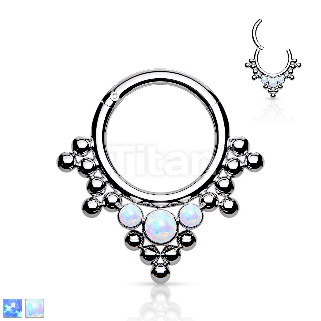Implant Grade Titanium Hinged Segment Hoop Ring With 3 Bezel Set Opals and Clustered Tribal Beads - Image 2