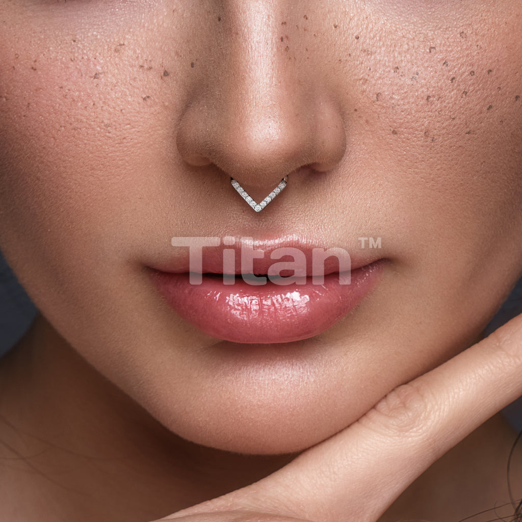 Implant Grade Titanium Hinged Segment Hoop Ring With Pave CZ Single Line Chevron - Image 7