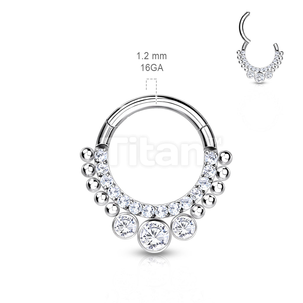 Implant Grade Titanium Hinged Segment Hoop Ring With CNC Set Pave CZ Lined Front and 3 Bezel Set CZs - Image 3