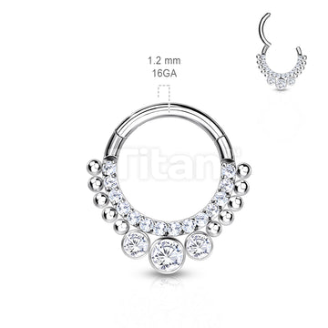 Implant Grade Titanium Hinged Segment Hoop Ring With CNC Set Pave CZ Lined Front and 3 Bezel Set CZs - Image 3