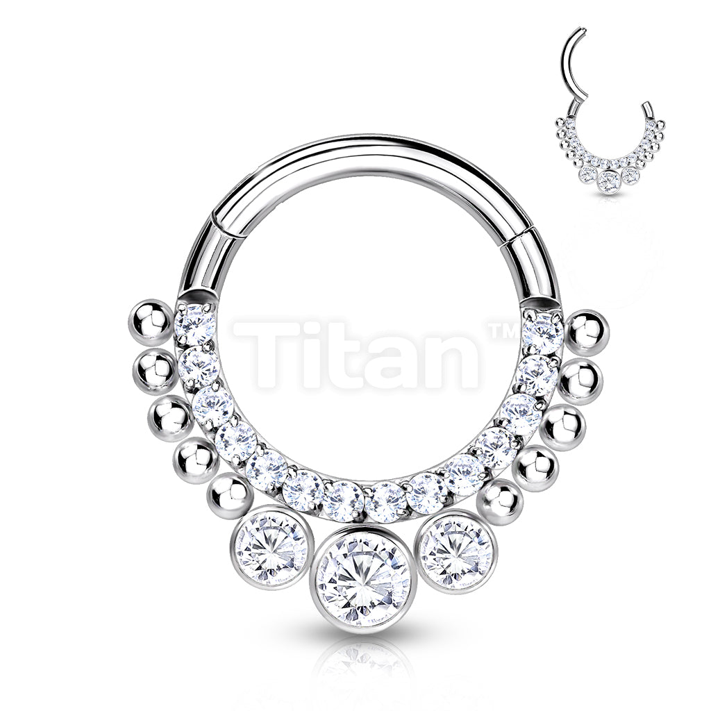 Implant Grade Titanium Hinged Segment Hoop Ring With CNC Set Pave CZ Lined Front and 3 Bezel Set CZs - Image 2