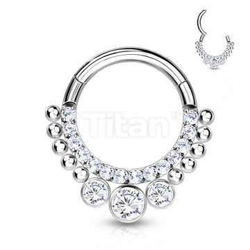 Implant Grade Titanium Hinged Segment Hoop Ring With CNC Set Pave CZ Lined Front and 3 Bezel Set CZs - Image 2