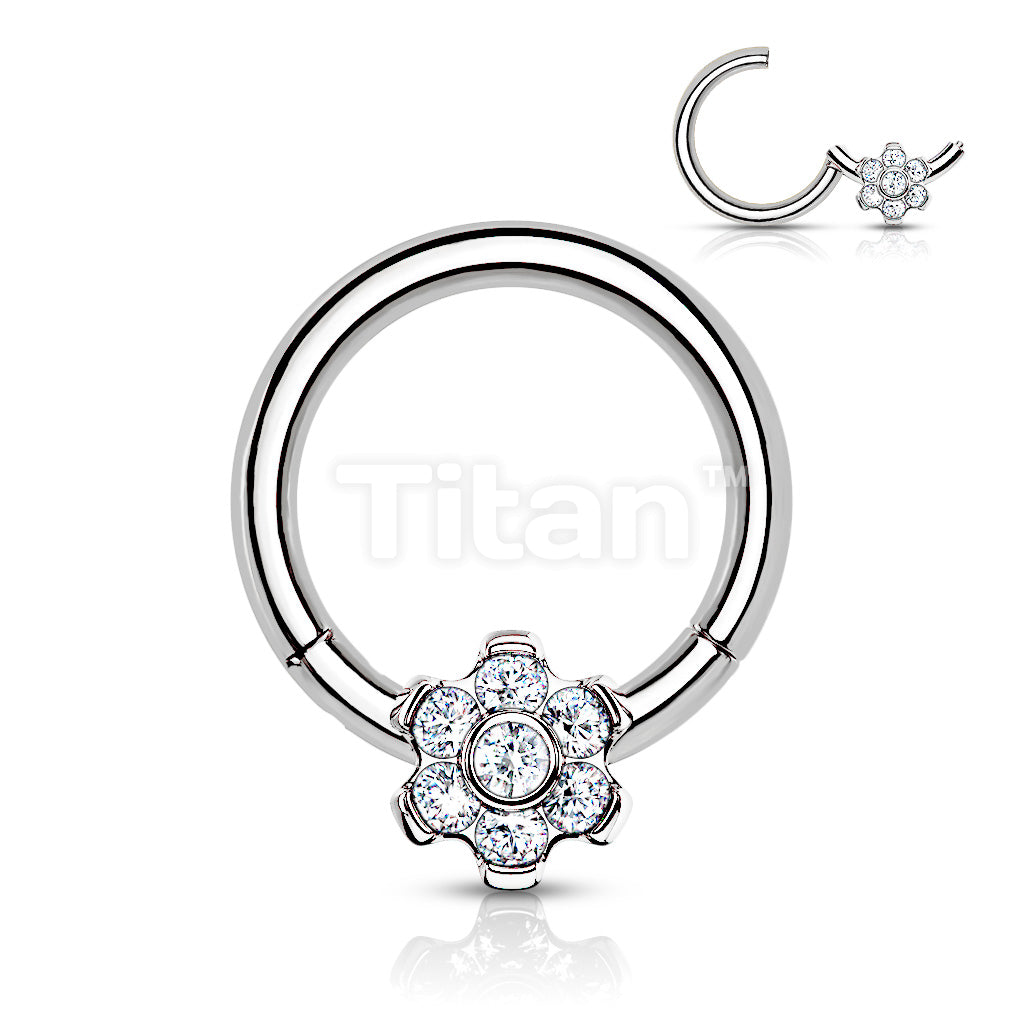 Implant Grade Titanium Hinged Segment Flower Hoop Ring With Bezel Set CZ Center and Prong Set Petals - Image 3