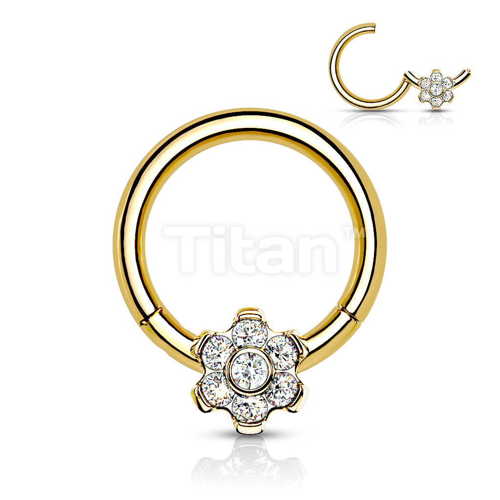 Implant Grade Titanium Hinged Segment Flower Hoop Ring With Bezel Set CZ Center and Prong Set Petals - Image 4