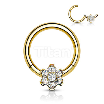 Implant Grade Titanium Hinged Segment Flower Hoop Ring With Bezel Set CZ Center and Prong Set Petals - Image 4