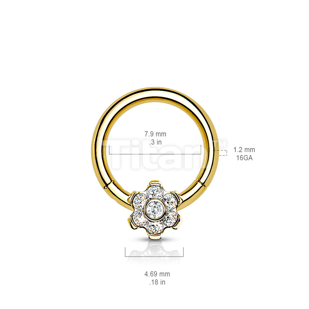 Implant Grade Titanium Hinged Segment Flower Hoop Ring With Bezel Set CZ Center and Prong Set Petals - Image 6