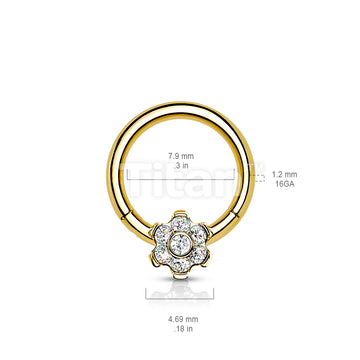 Implant Grade Titanium Hinged Segment Flower Hoop Ring With Bezel Set CZ Center and Prong Set Petals - Image 6
