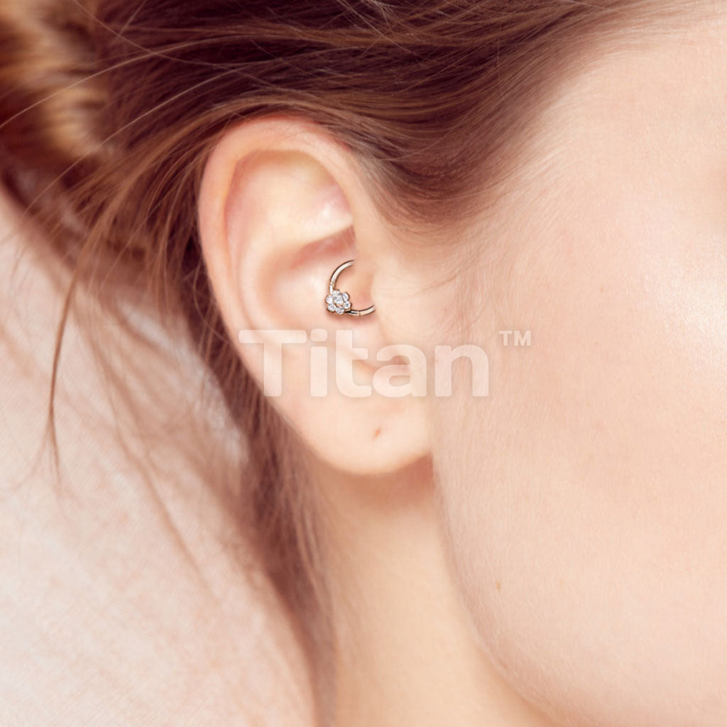 Implant Grade Titanium Hinged Segment Flower Hoop Ring With Bezel Set CZ Center and Prong Set Petals - Image 8