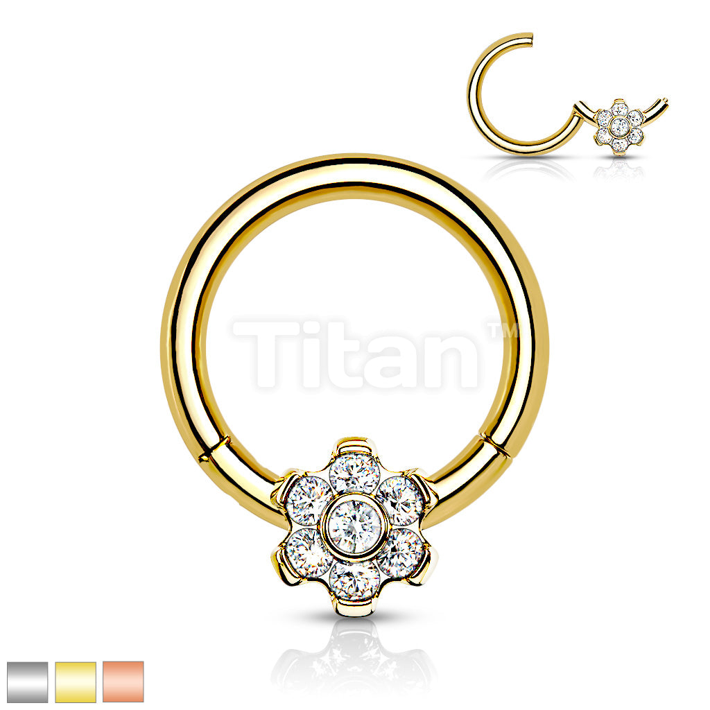 Implant Grade Titanium Hinged Segment Flower Hoop Ring With Bezel Set CZ Center and Prong Set Petals - Image 2