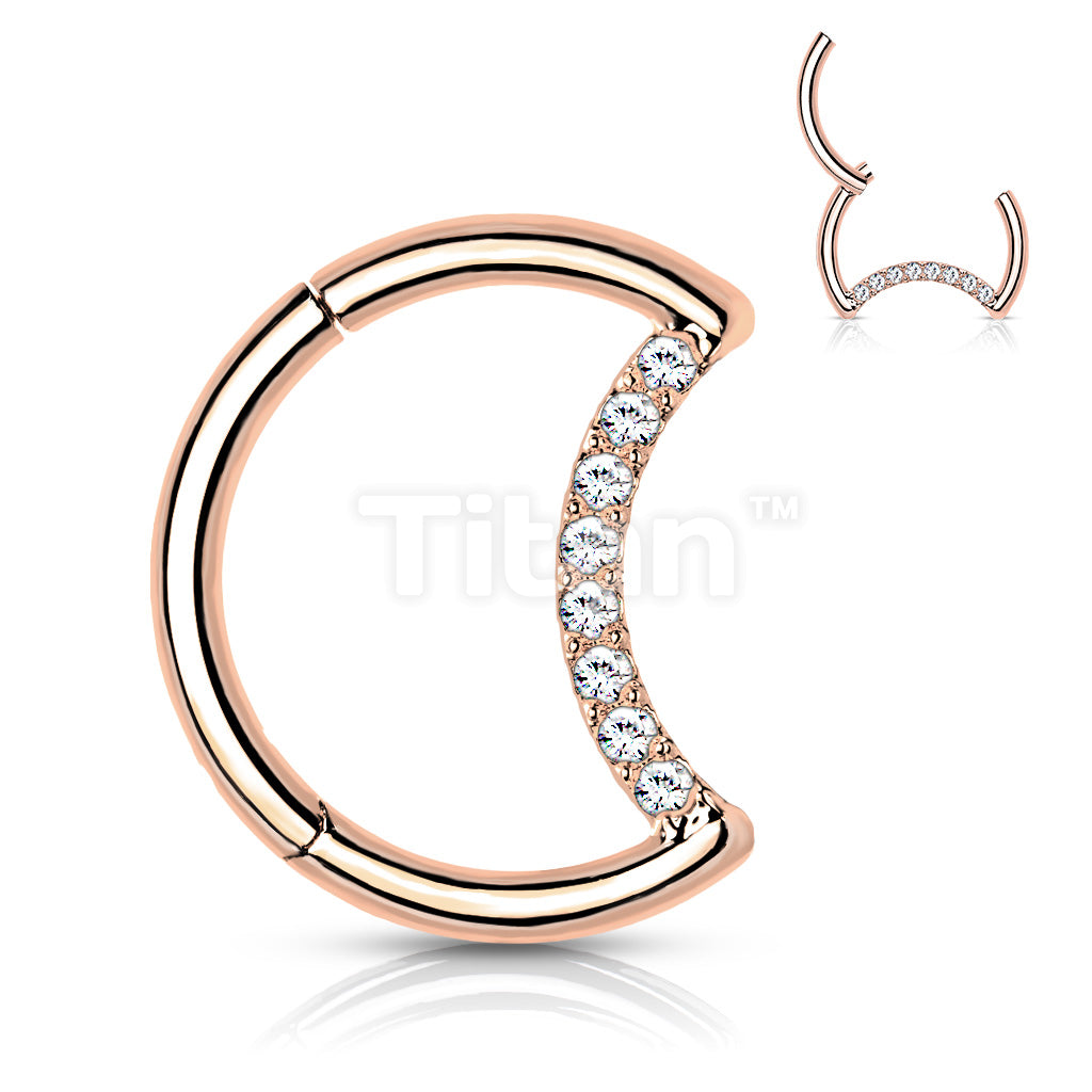 Implant Grade Titanium Hinged Segment Hoop Ring With Pave CZ Crescent Moon - Image 4
