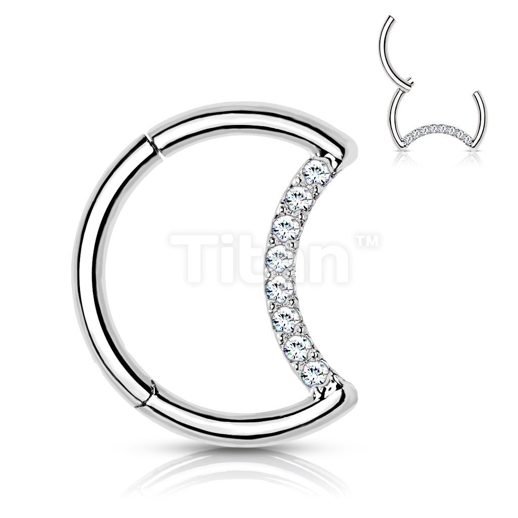 Implant Grade Titanium Hinged Segment Hoop Ring With Pave CZ Crescent Moon - Image 5