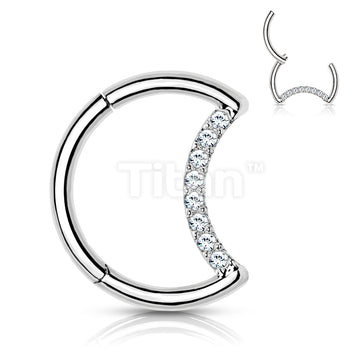 Implant Grade Titanium Hinged Segment Hoop Ring With Pave CZ Crescent Moon - Image 5