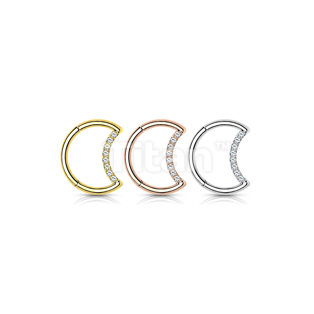 Implant Grade Titanium Hinged Segment Hoop Ring With Pave CZ Crescent Moon - Image 7