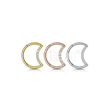 Implant Grade Titanium Hinged Segment Hoop Ring With Pave CZ Crescent Moon - Image 7