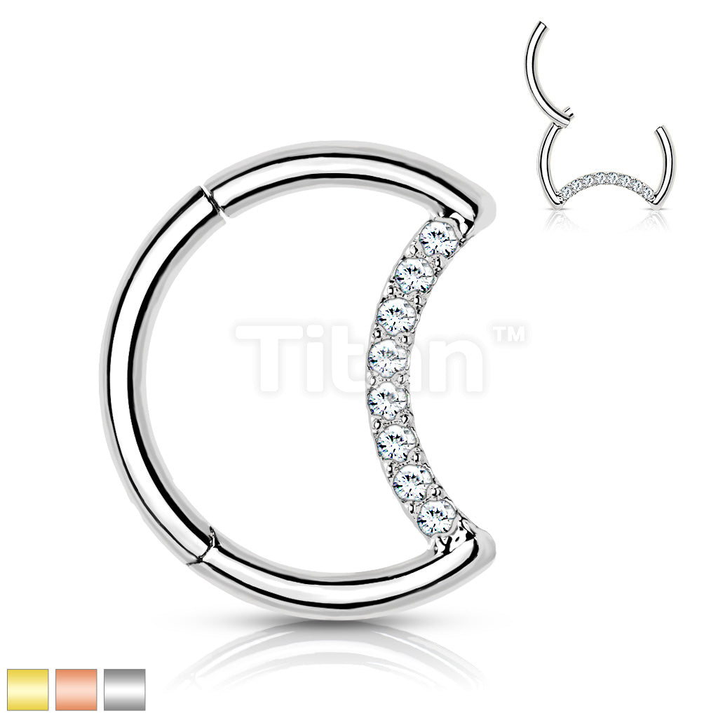 Implant Grade Titanium Hinged Segment Hoop Ring With Pave CZ Crescent Moon - Image 2