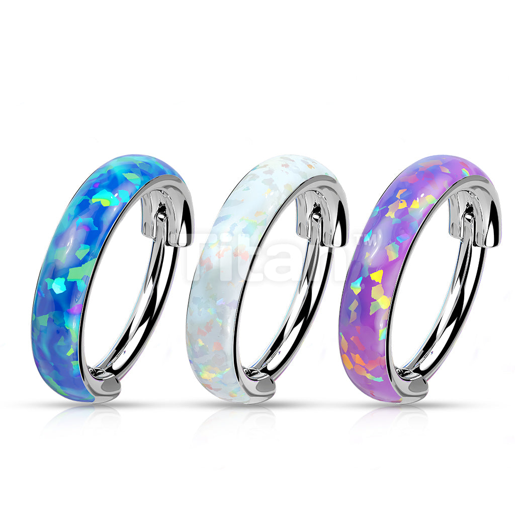 Implant Grade Titanium Hinged Segment Hoop Ring Lined With Wide Outward Facing Opal  - Image 7