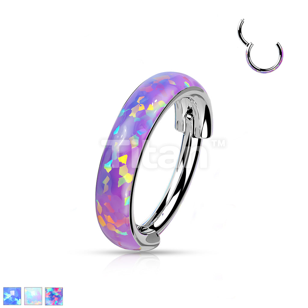 Implant Grade Titanium Hinged Segment Hoop Ring Lined With Wide Outward Facing Opal  - Image 2