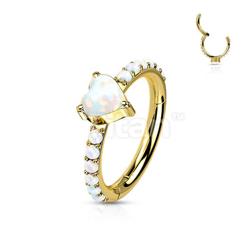 Implant Grade Titanium Hinged Segment Hoop Ring With Opal Heart Center and Pave Opal Sides - Image 3