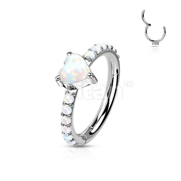 Implant Grade Titanium Hinged Segment Hoop Ring With Opal Heart Center and Pave Opal Sides - Image 4