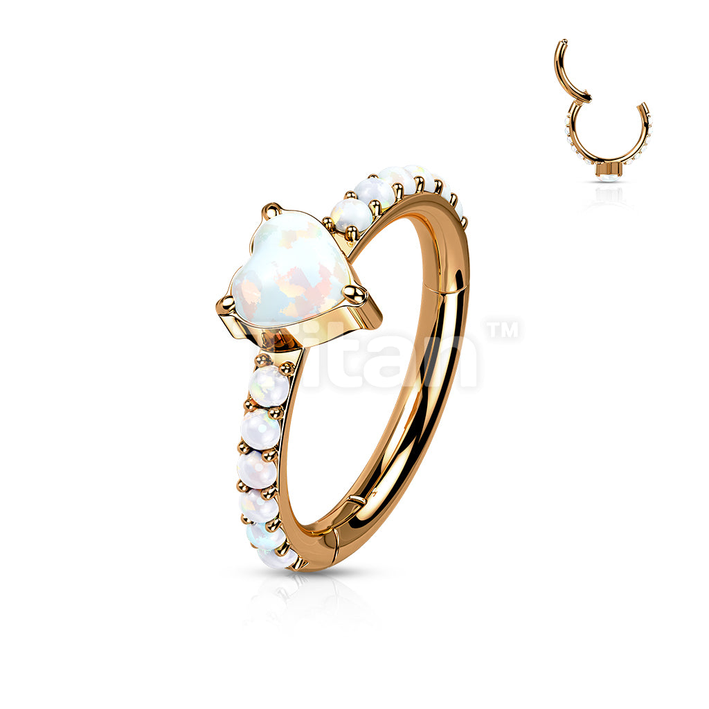 Implant Grade Titanium Hinged Segment Hoop Ring With Opal Heart Center and Pave Opal Sides - Image 5