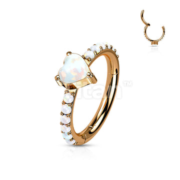 Implant Grade Titanium Hinged Segment Hoop Ring With Opal Heart Center and Pave Opal Sides - Image 5