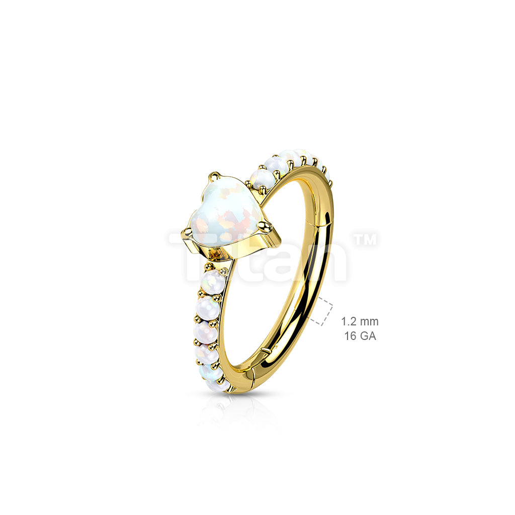 Implant Grade Titanium Hinged Segment Hoop Ring With Opal Heart Center and Pave Opal Sides - Image 6