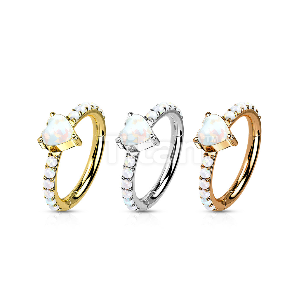 Implant Grade Titanium Hinged Segment Hoop Ring With Opal Heart Center and Pave Opal Sides - Image 7