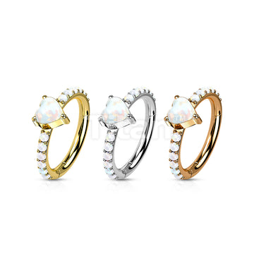 Implant Grade Titanium Hinged Segment Hoop Ring With Opal Heart Center and Pave Opal Sides - Image 7