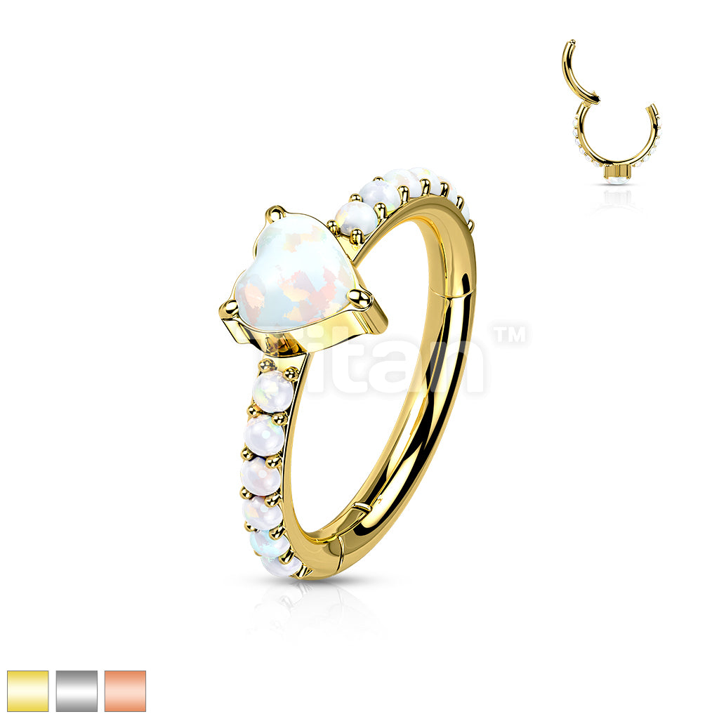 Implant Grade Titanium Hinged Segment Hoop Ring With Opal Heart Center and Pave Opal Sides - Image 2